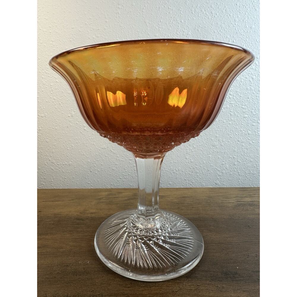 Vintage Amber Carnival Glass Pedestal Compote Bowl Starburst Base